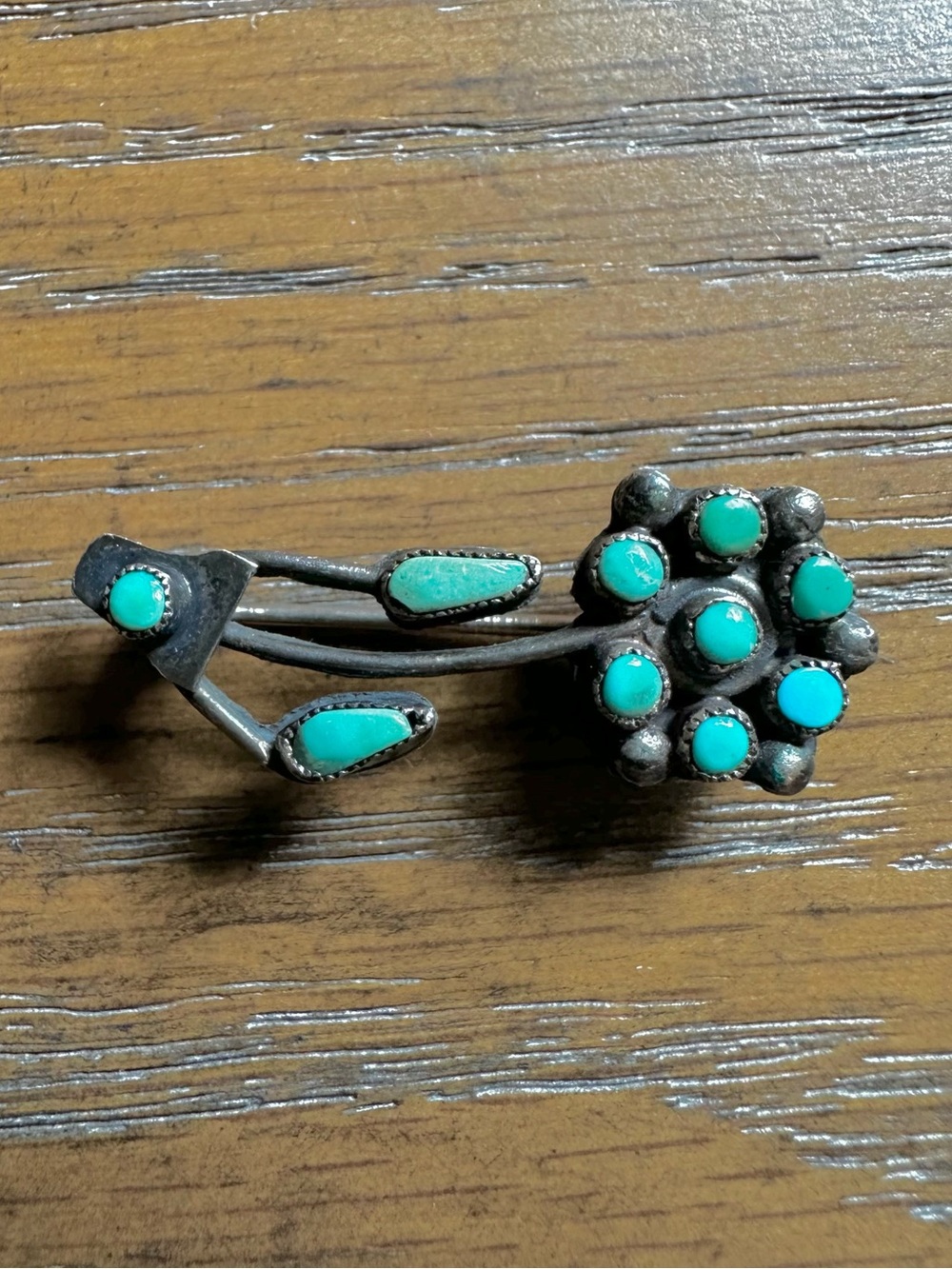 Vintage Petite Zuni Sterling Flower Pin Turquoise